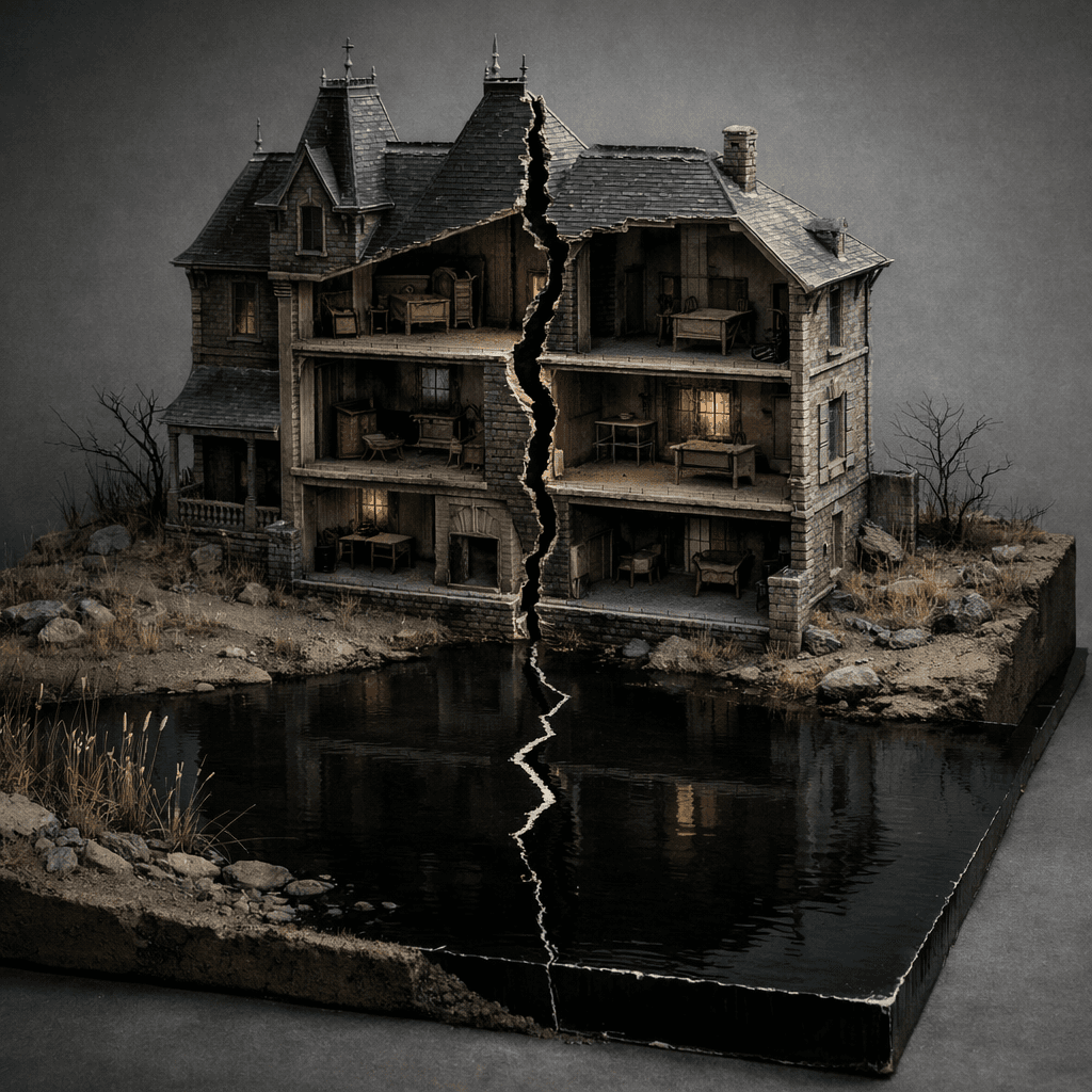 Mansion silhouette pierced by a trembling fissure