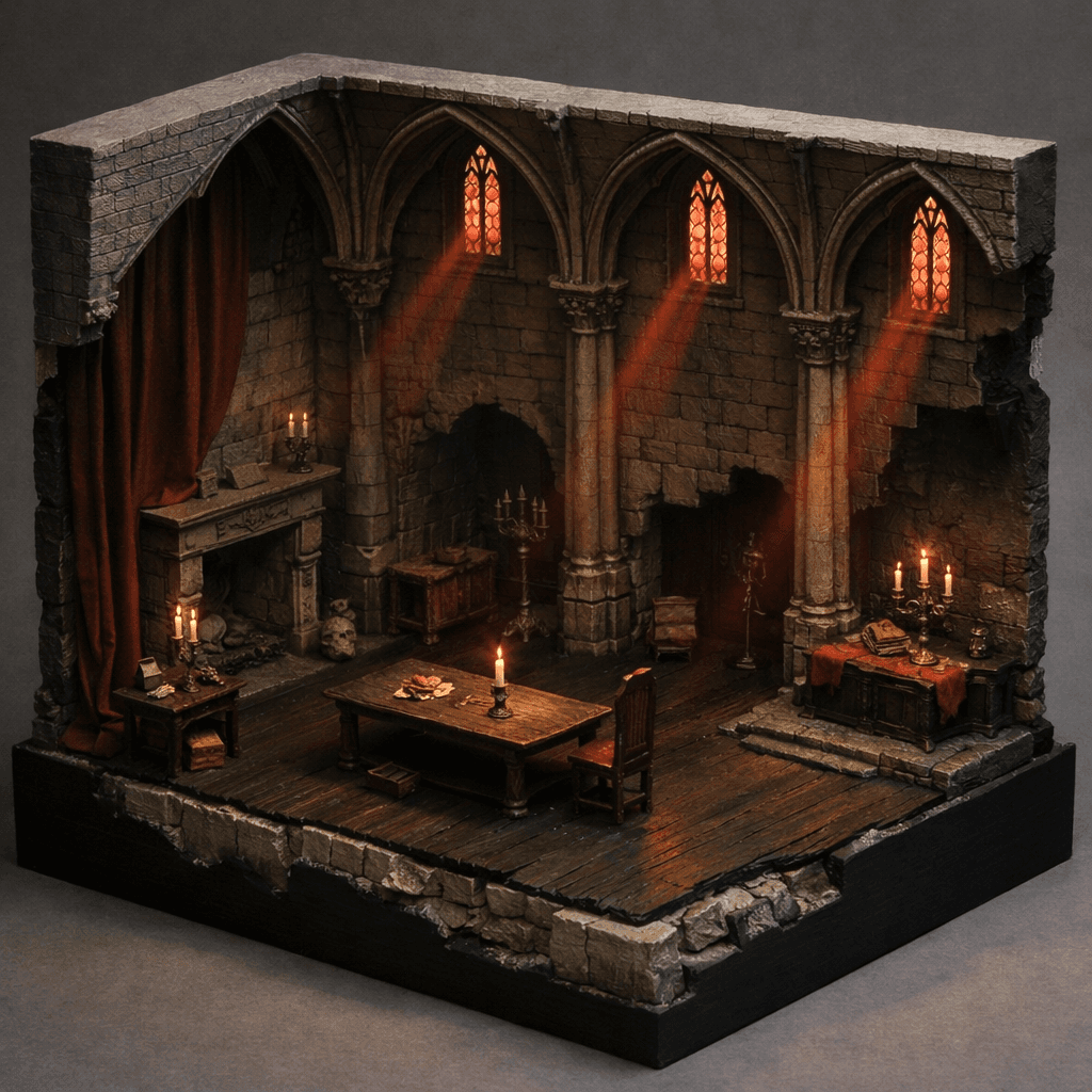 Gothic Hall Bathed in Crimson