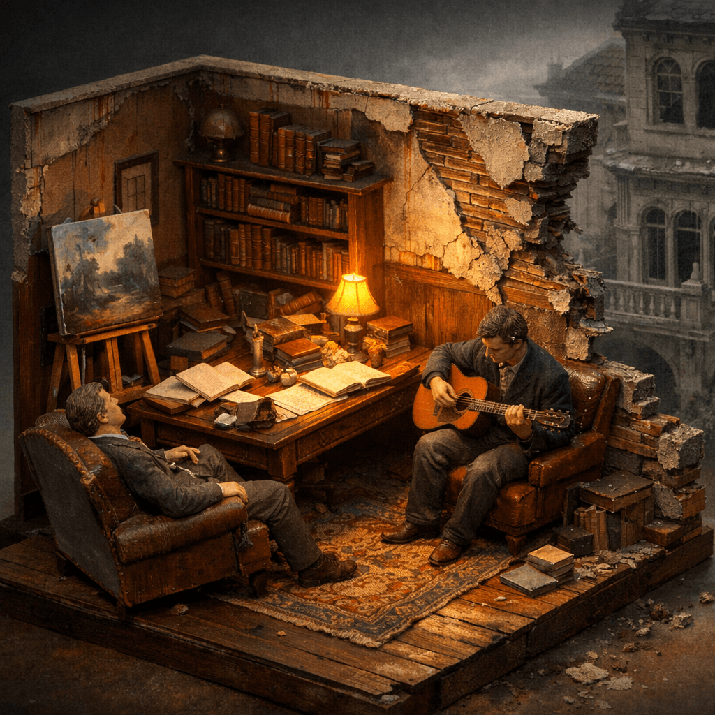 Warm Study Cutaway Amid Decay