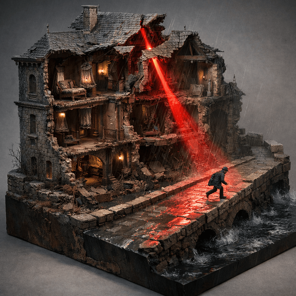 Storm‑lit causeway and fractured mansion